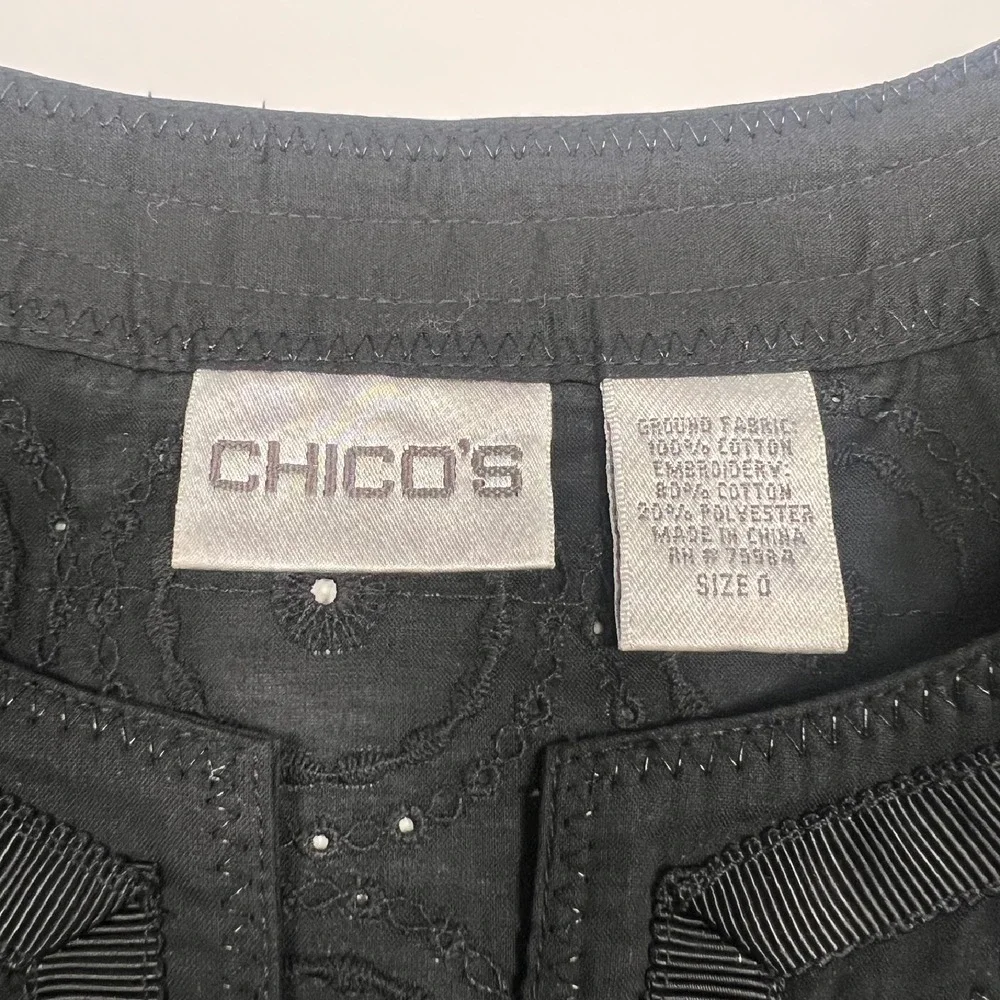 Chico's Eyelet Embroidered Button Front 3/4 Sleeve‎ Black Size 0